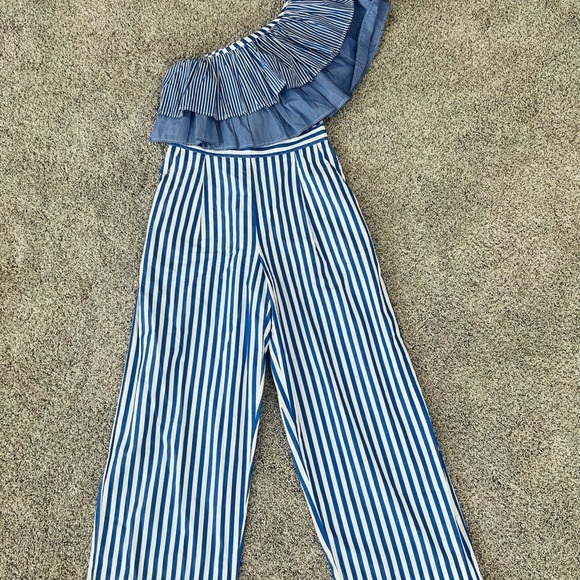 J. Crew One Shoulder Ruffle Jumpsuit Blue White Stripe 100% Cotton Size US 4 - Picture 5 of 16